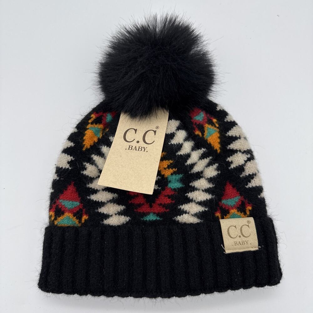 C.C Baby Exclusive Soft Aztec Pattern Beanie With Faux Fur Pom Western NEW